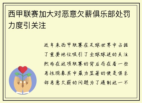 西甲联赛加大对恶意欠薪俱乐部处罚力度引关注 西甲联赛加大对恶意欠薪俱乐部处罚力度引关注