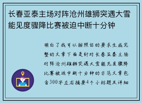 长春亚泰主场对阵沧州雄狮突遇大雪能见度骤降比赛被迫中断十分钟 长春亚泰主场对阵沧州雄狮突遇大雪能见度骤降比赛被迫中断十分钟